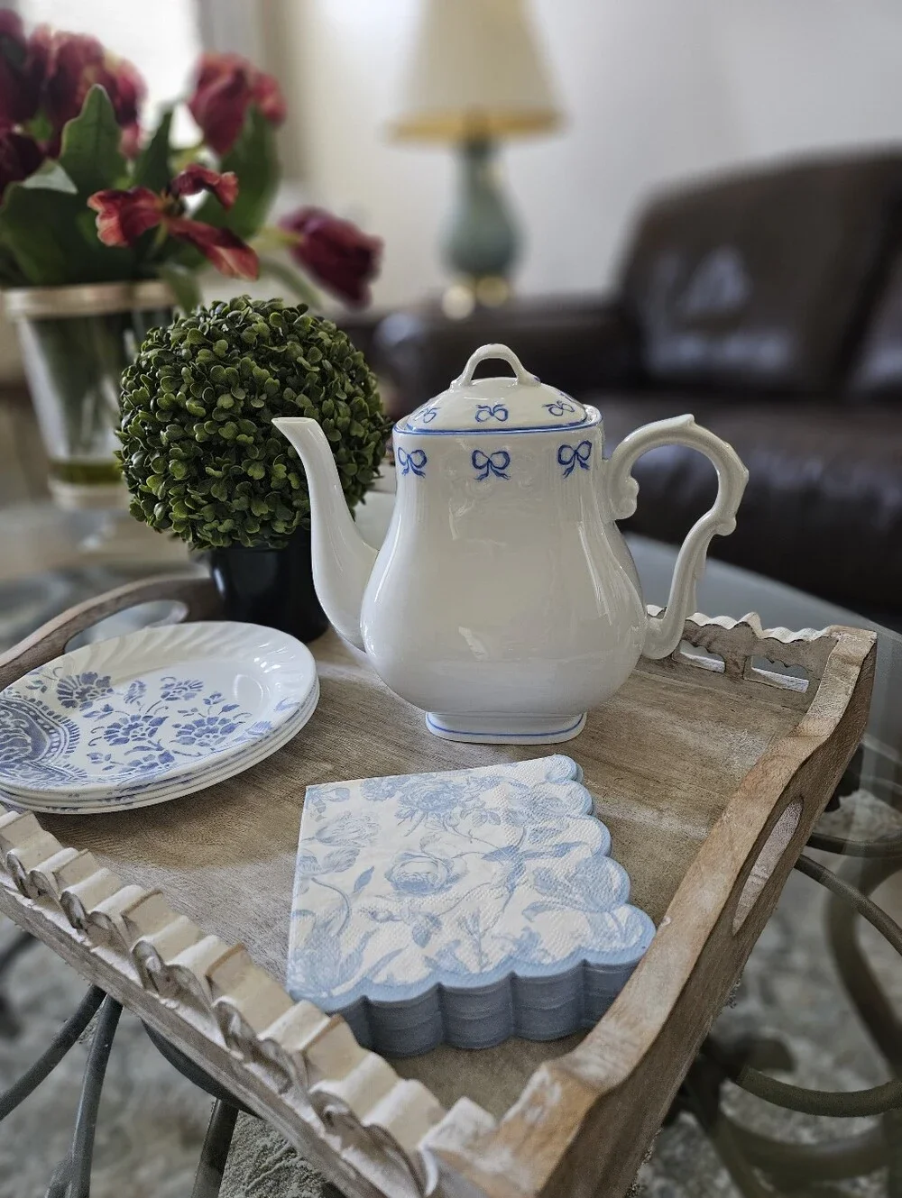 Ruban Blue by Vista Alegre White Porcelain Teapot with Blue Ribbon Trim. Mint!